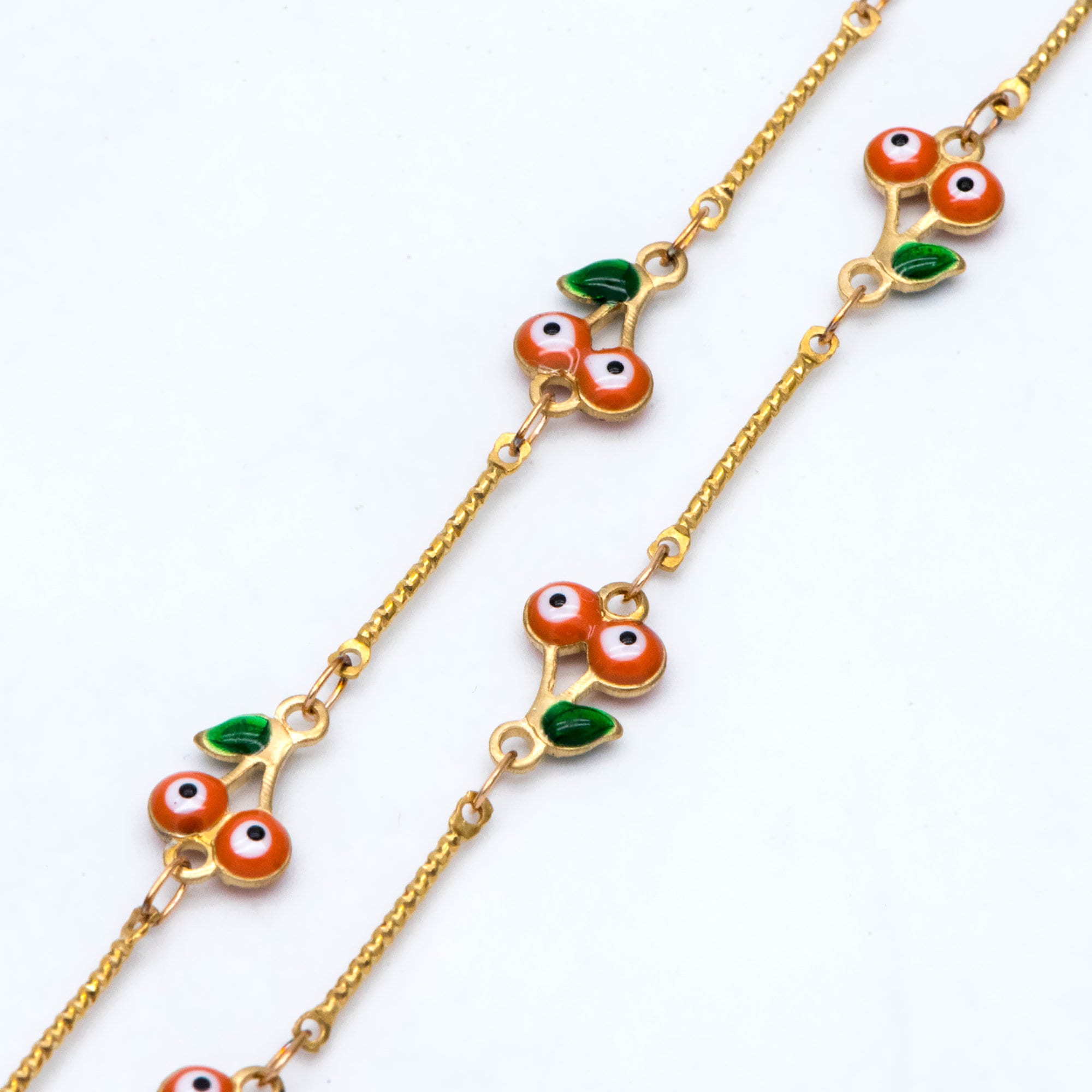 Multicolor Cherry Evil Eye Chain, Brass in Enamel, Unplated Raw Brass Designer Chain (#LK-512)/ 1 Meter=3.3ft